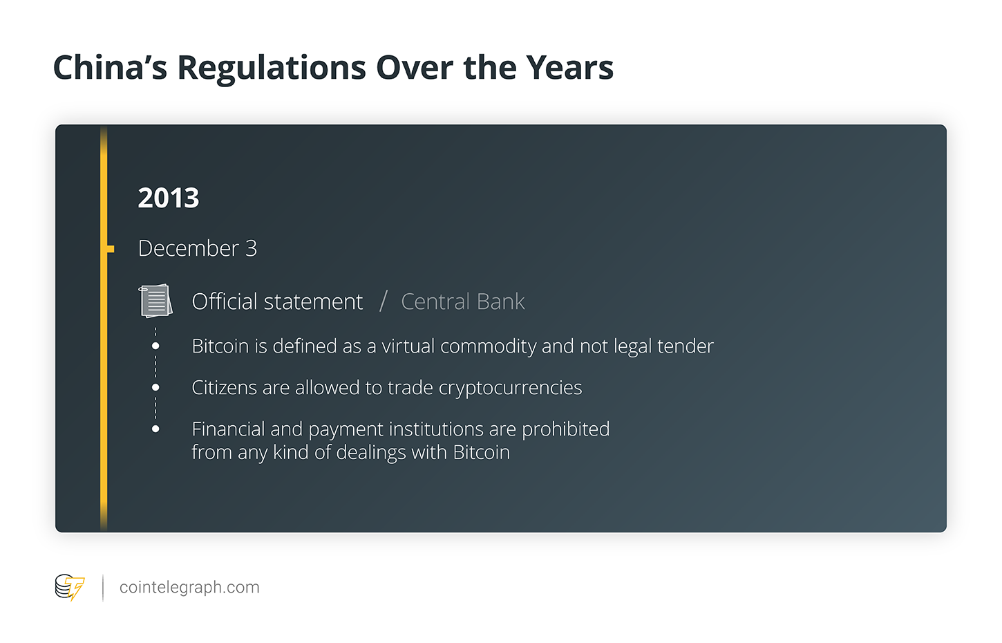 2013年：金融機関のビットコイン取引の制限、金融の安定性の脅威に関する厳しい警告、しかし暗号取引への実践的なアプローチ
